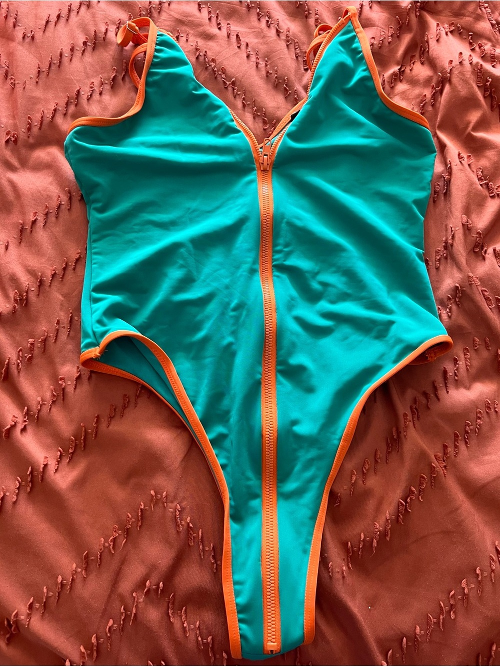 Teal One-Piece Swimsuit with Orange Trim and Front Zip with FREE poncho to match